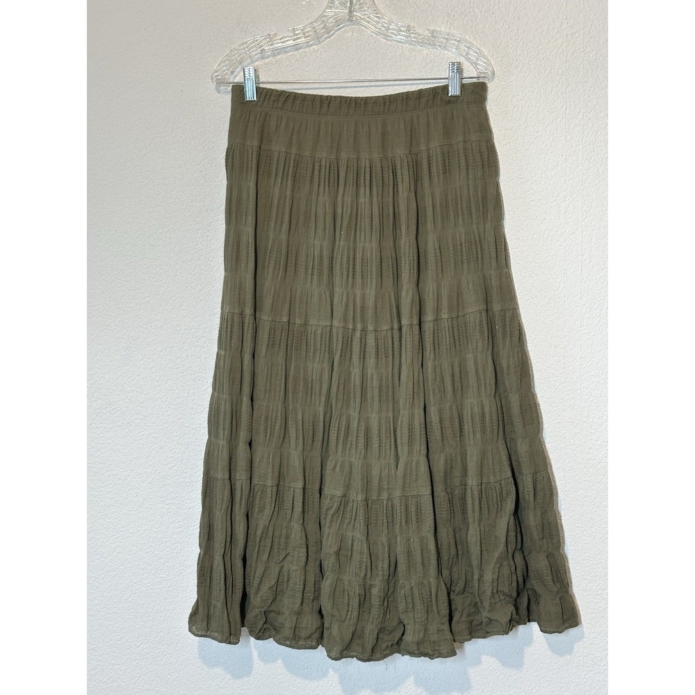 Max Studio Green Tiered Textured Knit Midi Skirt With Elastic Waist Flat Front L - Picture 2 of 9